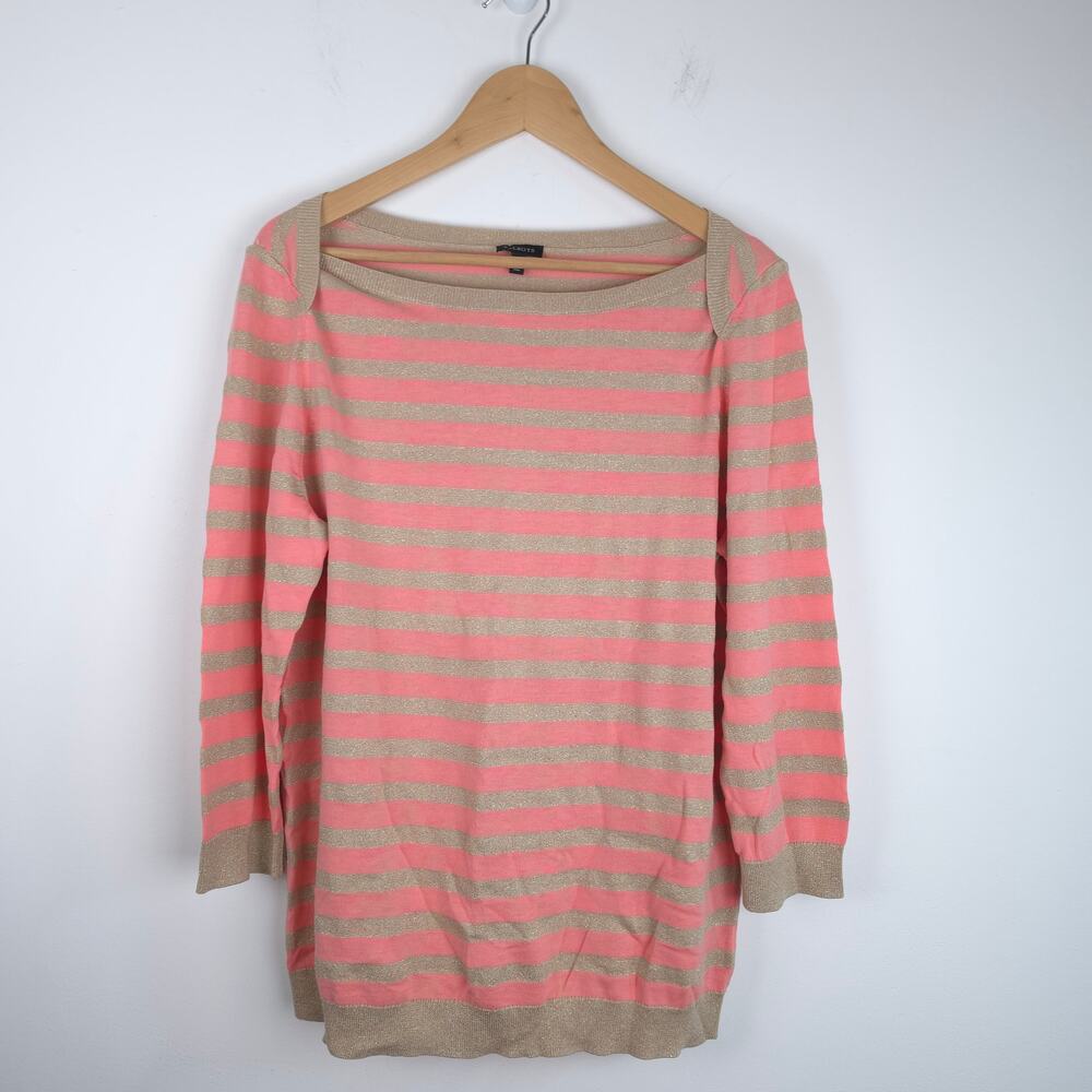 Talbots Pink Gold Stripe Boatneck 3/4 Length Sleeve Sweater Size Extra Large XL